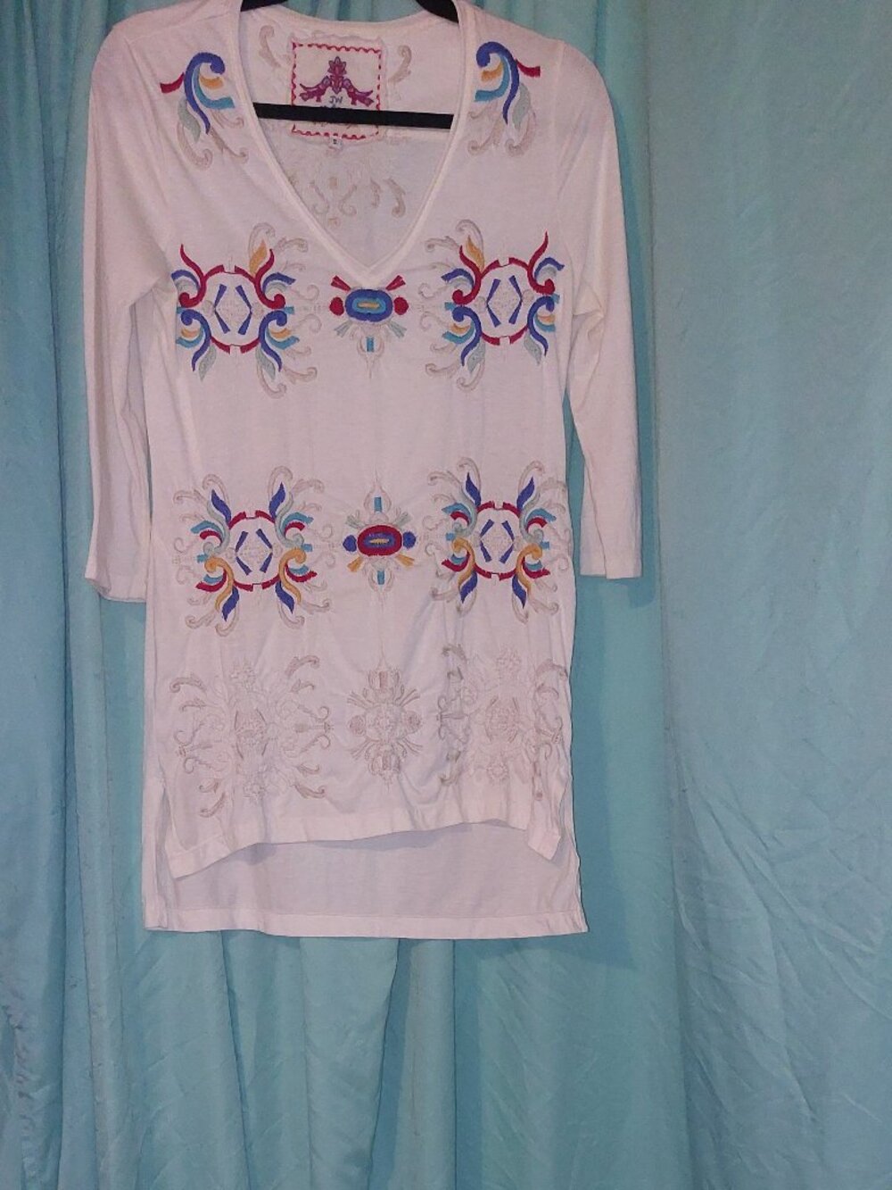 Johnny Was 3/4 Sleeve V-Neck Embroidered Tunic Small